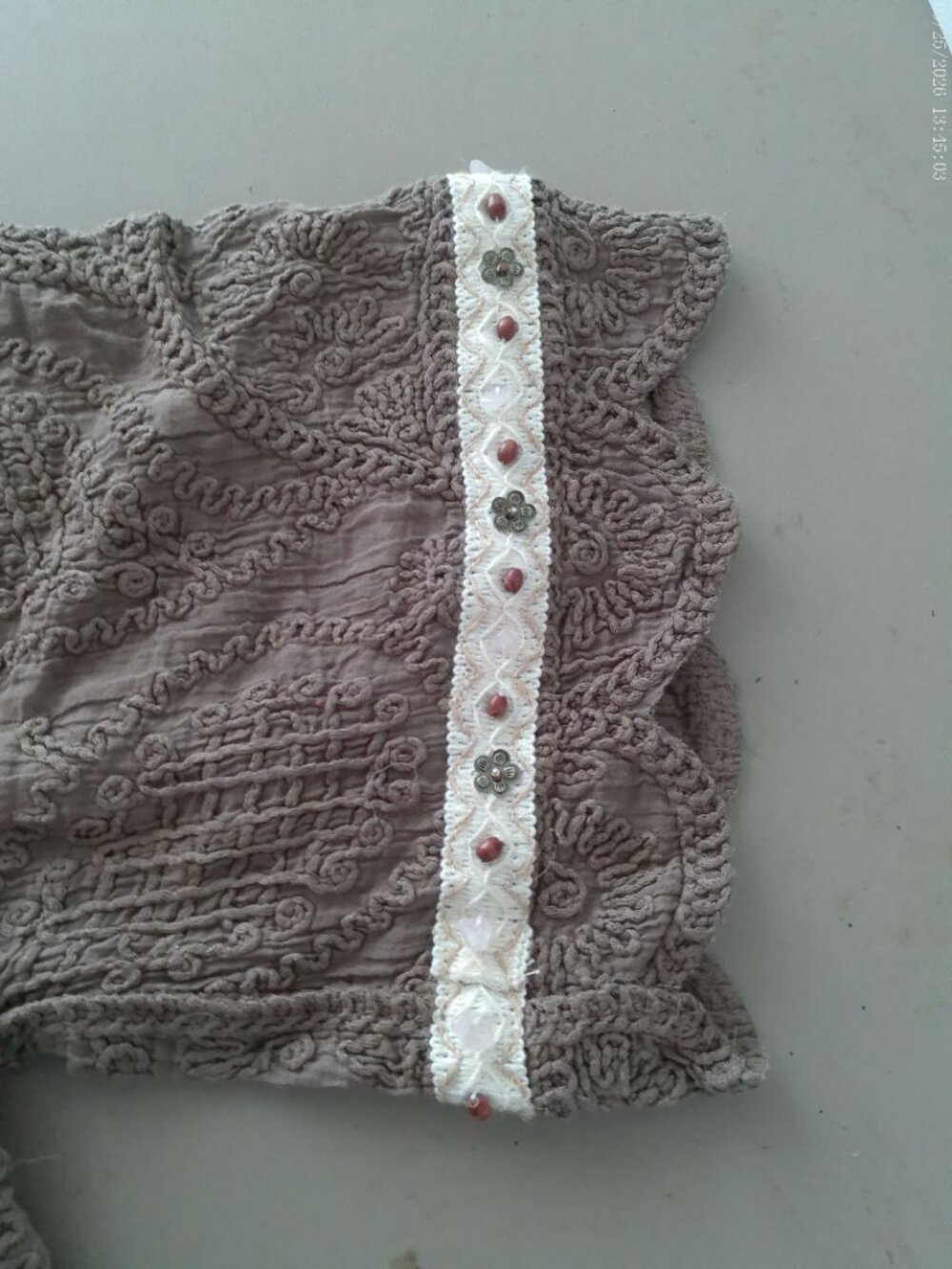POL Short Slve Tie V-Neck Embroidery & Beading Through-Out Cocoa Brown Sweater 1 - Picture 5 of 10